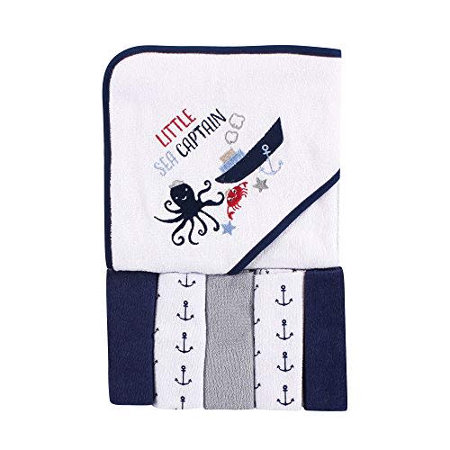 Luvable Friends Unisex Baby Hooded Towel with Five Washcloths, Sea Captain, One Size