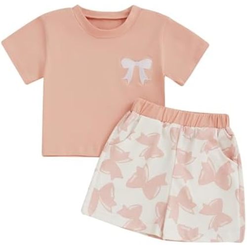 Baby Girl Summer Clothes Toddler Cute Bows Outfit Short Sleeve T-shirt Shirt Tops + Elastic Waist Shorts Set