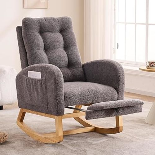 Nursery Rocking Chair,Rubber Wood Base Glider Rocking Chair with Adjustable Footrest and Side Pocket,Teddy Fleece Glider Rocker for Living Room, Bedroom (Teddy Fleece, Dark Gray)