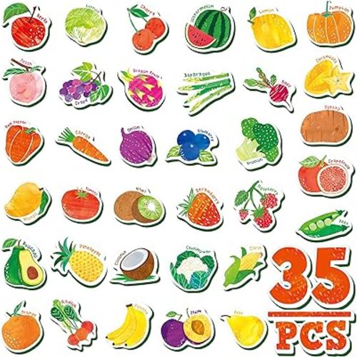 35 PCS Fruit & Vegetable Magnets, Adorable Magnetic Fruits Veggies Thick Foam Fridge Magnets Cute Educational Learning Toys for Toddles Kids