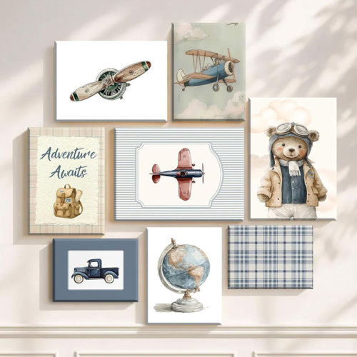 Ophelia & Co. 6Pcs Vintage Baby Boy Nursery Canvas Wall Art Blue Teddy Bear Airplane Travel Pictures Wall Decor Nursery Aviation Poster Prints For Bedroom Playroom Kids Room Home Decoration 12"X16" | Wayfair