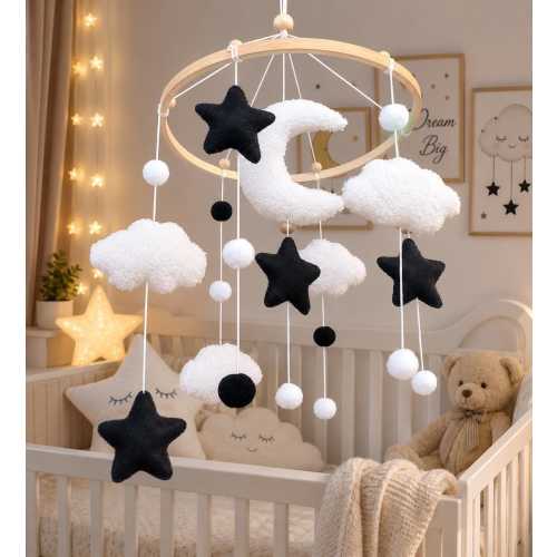 Handmade Moon Stars Baby Mobile, Black White Nursery Decor, Montessori baby shower gift, Monochrome Newborn mobile, Neutral felt crib Mobile