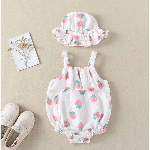 Baby Girls Straps Strawberry Print Romper Sunsuit Hat Bodysuit