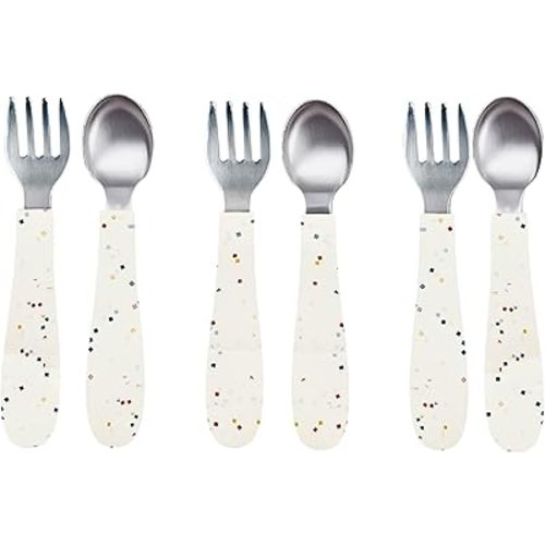 WeeSprout Toddler Utensils, 3 Forks & 3 Spoons, 18/8 Stainless Steel & Food Grade Silicone, Thick Easy-Grip Handles, Perfect Length For New Self Feeders, Gentle On Gums & Teeth, Dishwasher Safe