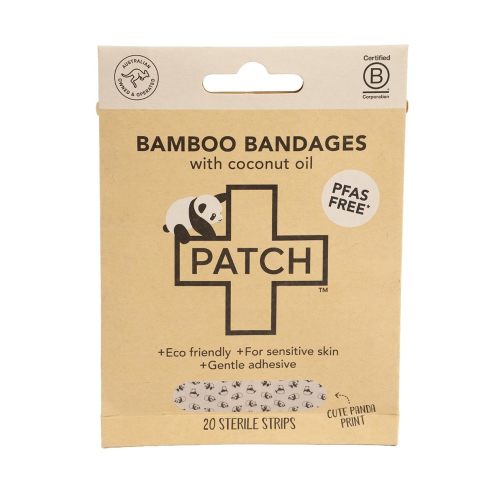 PATCH Eco-Friendly Bamboo Adhesive Sensitive Skin Bandages with Coconut Oil, Hypoallergenic Bandages for Sensitive Skin, Cute Kids Panda Print, Biodegradable, Plastic & Latex Free, 20pk