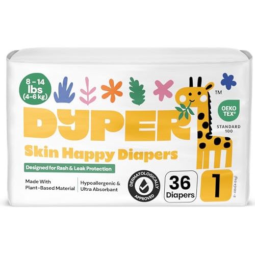 DYPER - Baby Diapers Size 1 (36 Count) - Plant Based Disposable Diapers for Day and Overnight Premium Leak Protection, Skin-Friendly Comfort with Soft Size 1 Diapers (8-14 lbs)