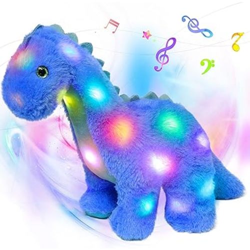 Hopearl LED Musical Stuffed Dinosaur Lighting Up Singing Diplodocus Soft Plush Toy with Long Neck Adjustable Volume Lullaby Animated Soothe Gifts for Kids Toddlers, Blue, 16''