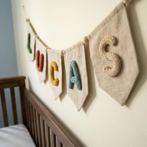 Personalized Knitted Name Banner, Custom Canvas Nursery Wall Decor, Boho Baby Boy Room Sign, Newborn Gift, Rustic Fabric Bunting