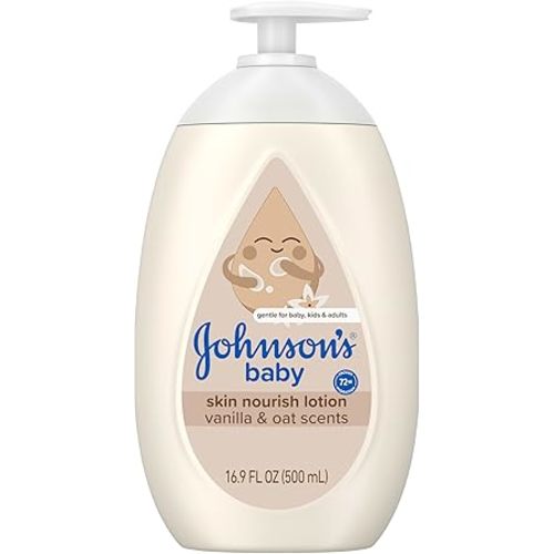 Johnson's Skin Nourishing Baby Lotion, Vanilla & Oat Scents, Hypoallergenic Baby Body Lotion for 72 Hour Hydration Until Baby's Next Bath Moisturizes & Protects from Dryness, 16.9 fl. oz