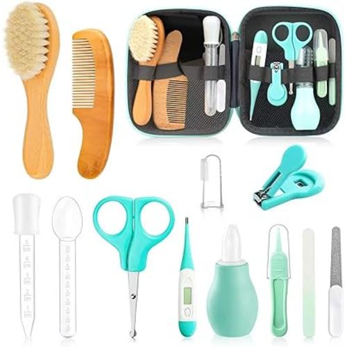 Baby Grooming Kit, Infant Safety Care Set with Hair Brush Comb Nail Clipper Nasal Aspirator,Baby Essentials Kit for Newborn Girls Boys (13 Pc Green Kit)