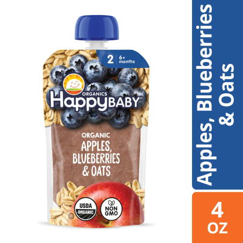 (6 pack) Happy Baby, Stage 2 Organic Baby Food, Apples Blueberries & Oats, 4 oz. Pouch
