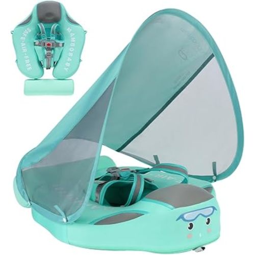 Upgread Mambobaby Baby Floats for Pool with Canopy, Non-Inflatable Swim Float, Infant Swim Trainer Ring Toddler Pool Float, Baby Swimming Ring with Adjustable Strap for 3-24 Months Infant, Green