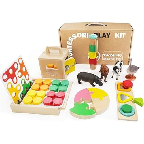 Montessori Toys for 1 2 Year Old, 9 in 1 Wooden Toddler Educational Set, Includes Lock Box, Puzzle, Color Sorting Board, Lacing Beads, Shape Sorter & Animal Figures, Gift for 18-24 Months Boy & Girl