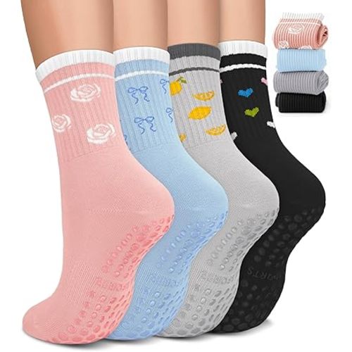 Pilates Socks for Women, Non Slip Grip Socks for Yoga, Barre, Hospital, Grippy Socks Womens Gifts, 4 Pairs