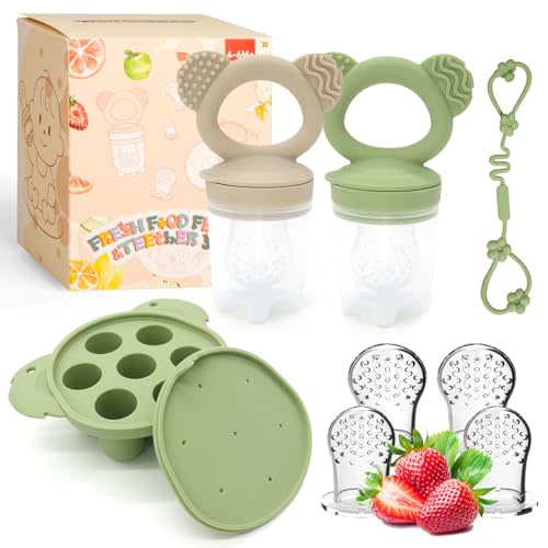 Baby Breastmilk Popsicle & Silicone Baby Fruit Feeders for 6 Months+ Teething, Infant Solid Food Safe Self Feeding, BPA Free Teether Set for Soothe Teething, Christmas Idea Gift (Green+ Caramel)