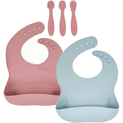 Silicone Baby Bibs 2 pcs with Silicone Baby Spoons Self Feeding Waterproof, Soft