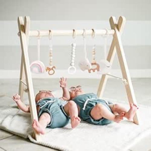 Mallify Wooden Baby Gym with 6 Gym Toys, Foldable Baby Play Gym, Natural Pine Wood Play Gym, Frame Activity Center Hanging Bar, Wooden Play Gym