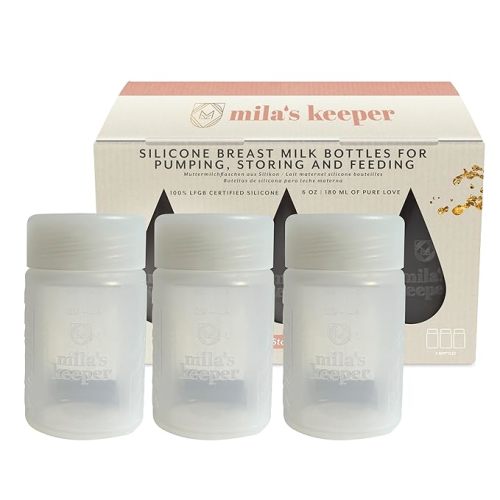 Mila's Keeper Premium Silicone Breast Milk Storage Bottles, for Pumping, Storing and Feeding, Fits Leading Pumps and Nipples, 6 oz Silicone Milk Storage Containers, Wide Neck Aspen White, Set of 3