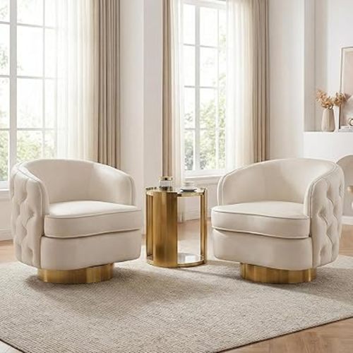 White Swivel Comfy Accent Chair Set of 2, Modern Tufted Velvet Upholstered Round Swivel Barrel Chair for Living Room Bedroom, Barrel Armchair with Tall Backrest