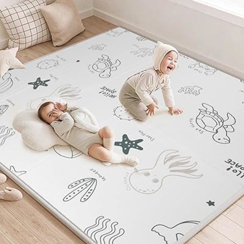 Foldable Baby Play Mat, CreateBay 79x71x0.8 Inch Thick Extra Large Baby Mat for Floor, Waterproof XPE Foam Mat for Tummy Time Mat, Playpen Mat for Crawling(Ocean)