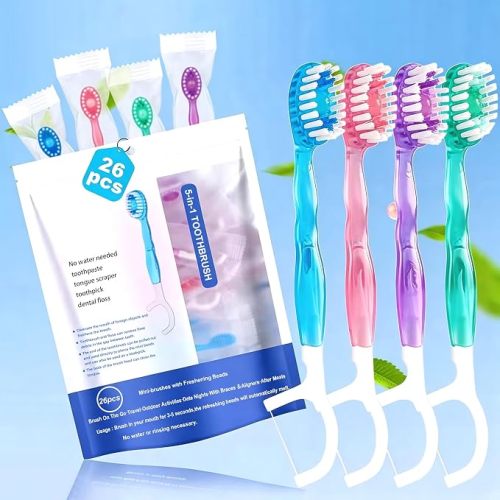 5 in 1 Disposable Toothbrush 26 Pcs, Travel Toothbrush with Toothpaste Floss Pick Tongue Scraper, Individually Wrapped, 4 Flavor, Portable Travel Essentials Oral Care Kit