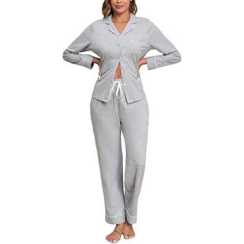 Veseacky 100% Cotton Women's Pajama Set Long Sleeve Button Down Sleepwear Soft Pjs Lounge Sets Nightwear Pjs XS-XXL