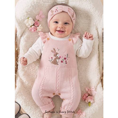 Cozy Pixies Baby Baby Girl Newborn Girl Romper, Knitted Jumpsuit, Long Pants, Embroidered Craft, Rabbit Floral Pattern