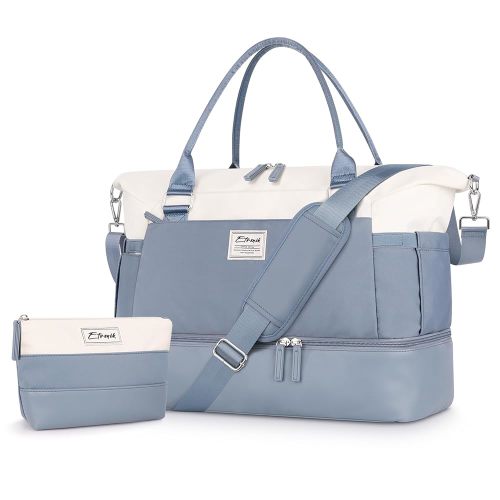 ETRONIK Weekender Bags for Women, Carry On Overnight Bag with Shoe Compartment, Travel Duffel Bag with Wet Pocket, Mom Hospital Bags for Labor and Delivery Blue&White, Large Size