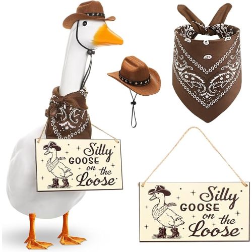 Funny Porch Goose Decoration Set Silly Goose on The Loose Hangings Sign Cowboy with Outfit Cowboy Hat and Bandana for 23" Cement/Plastic Outdoor Statue Patio Yard Lawn Art(Brown)