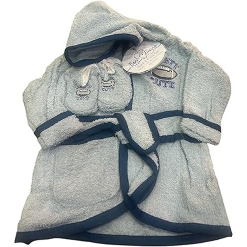 Baby boy Hooded Bathrobe and Bootie Set, Blue, Mighty Cute Football Theme, Soft Terry