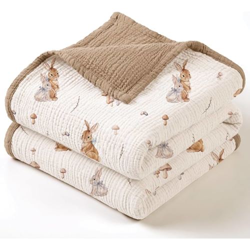 lulumoon Muslin Baby Blanket for Unisex: Cotton Baby Blanket with Bunny - Soft Breathable for Newborn Stroller & Daycare 47"x47" (Brown Bunny)
