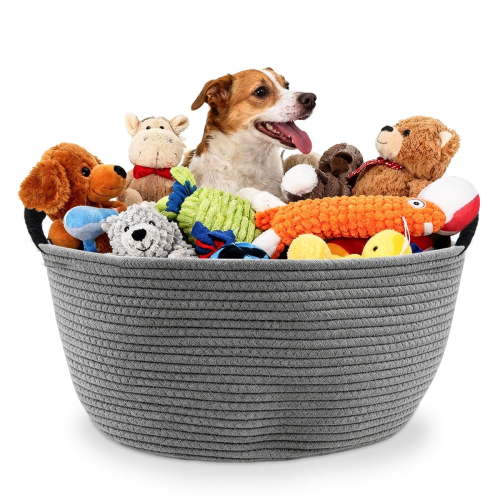 16-inch Grey Cotton Rope Dog Toy Storage Large Bin with Handles, Pet Toy Storage Basket