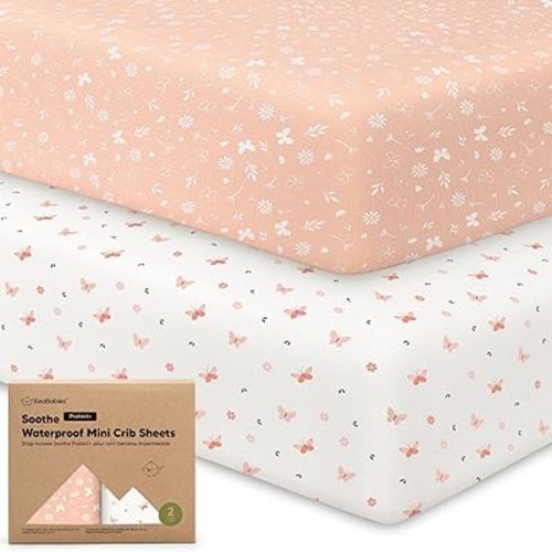 2 Pack and Play Sheets, Waterproof Mini Crib Sheets Fitted - 38x26 Organic Cotton Pack N Play Sheets for Graco Pack and Play Mattress,Playard Baby Crib Sheets,Neutral for Boy,Girl,Toddler(Butterflies)