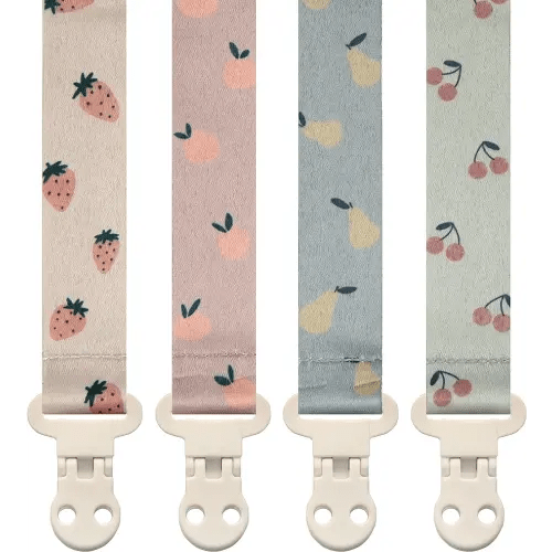 Stadela Baby Pacifier Clip Holder - Girl or Boy Unisex 4 Pack Gift Set – Summer Peaches Strawberies Cherries Pears (Fruits)