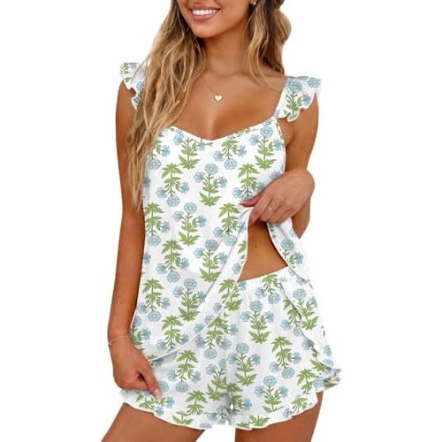 Ekouaer Womens Pajama Sets Ruffle Cami Top and Shorts 2 Piece Lounge Set Sleepwear, Summer Comfy Cute Bridal Pajama for Women
