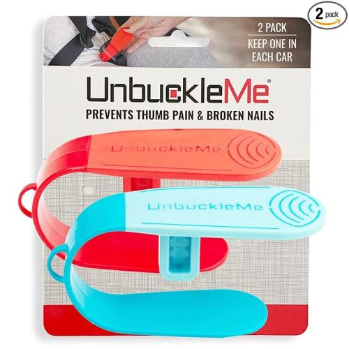 UnbuckleMe Car Seat Buckle Release Tool (As Seen on Shark Tank) - Easy Opener Aid for Arthritis, Long Nails, Older Kids - Button Pusher for Infant, Toddler, Convertible Car Seats (2 Pack, Blue & Red)