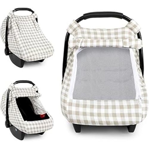 DILIMI Car Seat Covers for Babies, Muslin Cotton Baby Car Seat Cover with Breathable Mesh Window, Summer Infant Car Seat Canopy for Boys Girls Newborn, Khaki Checkered