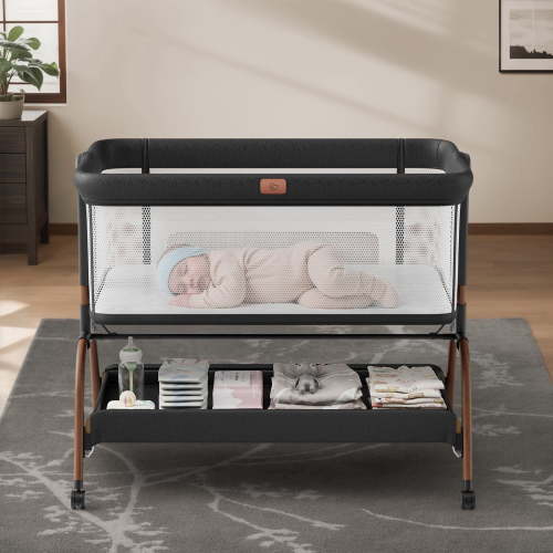 Baby Bassinet Bedside Crib, 3-in-1 Baby Bassinet Bedside Sleeper with Mattress and Soft, Breathable Sheet, Full-Mesh Sides, 6-Height Adjustable, Stable and Secure Crib for Newborns,Black
