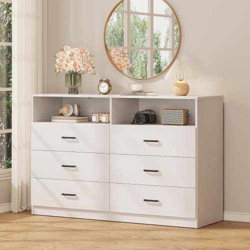 Winkalon 6 Drawers Dresser,Modern Storage Tower Dressers and Chests 2 Open Cubby,Large Organizer for Bedroom,White