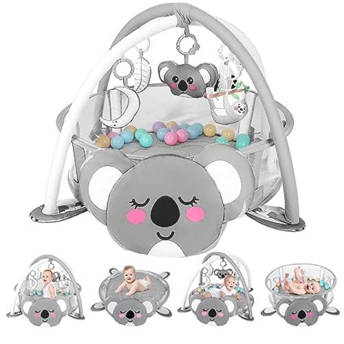 dearlomum 4-in-1 Baby Play Mat Baby Gym, Interactive Activity Mat for Floor Exercise Including 30 Balls with 5 Learning Toys for Newborn Toddler(Koala)
