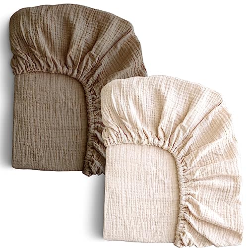 COSMOPLUS-Muslin-Crib-Sheets-for-Girls-Boys-Neutral-Baby,2 Pack Boho Crib Matress Sheet,Fitted Crib Sheet for Standard Crib Mattress & Toddler Bed Mattress,Organic Cotton,Ivory & Iced Coffee