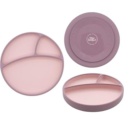 WeeSprout Silicone Suction Plate - Two-Tone Baby Plate with Suction Cup - Sectioned Divided Dish for Kids, Infants, Toddlers - Food-Grade Silicone Dinnerware (Matte Pink/Matte Purple)