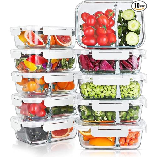 KOMUEE 10 Packs 30oz Glass Meal Prep Containers 2 Compartments,Glass Food Storage Containers with Lids,Airtight Lunch Bento Boxes,Oven,Freezer and Dishwasher Safe, White