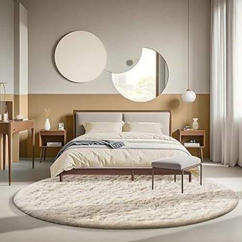 Ophanie Round Rugs 6Ft Ivory Circle Area Rug, Aesthetic Room Decor, Fluffy Fuzzy Bedroom Carpet, Plush Soft Shaggy Cream Living Room Rugs for Kids Home Decor, Nursery