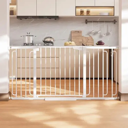Cumbor 36.6-64 in Extra Wide Baby Gate for Stairs, Dog Gate Indoor, White | Mom's Choice Awards Winner, Double Lock for Doorways, Auto Close Child Gate for Toddler & Pets, Pressure or Hardware Mounted