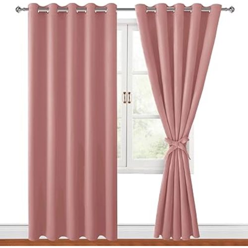 Hiasan Blackout Curtains for Bedroom, 60 x 84 Inches Long - Thermal Insulated & Energy Saving Window Curtains for Living Room, 2 Drape Panels Sewn with Tiebacks, Dusty Rose