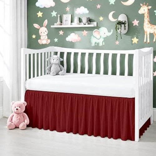 Cotton Crib Bed Skirt Dust Ruffle with Split Corners, 14" Drop, Burgundy
