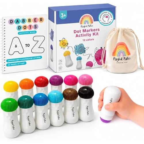 Playful Paths Dot Markers Activity Kit – Montessori Pre-Writing Markers for Toddlers & Preschoolers, 12 Bell-Shaped Washable Dabbers, Ergonomic Grip Design, A-Z Activity Book & Canvas Bag, Ages 3+