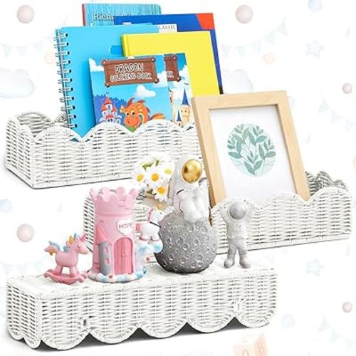 Pinkunn 3 Set Nursery Book Shelves Scalloped Rattan Wall Shelf 15.8 x 3.2 Inch Wall Mounted Plastic Floating Book Shelve, Hanging Boho Wicker Woven Shelf for Nursery Decor and Storage (Natural Wood)