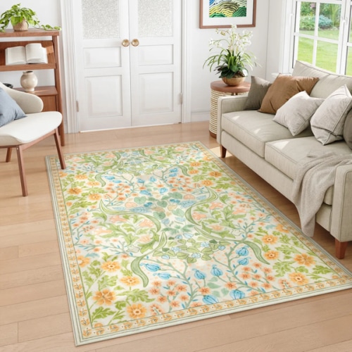 Claude Washable Maximalism Vibrant Floral Light Green Rug